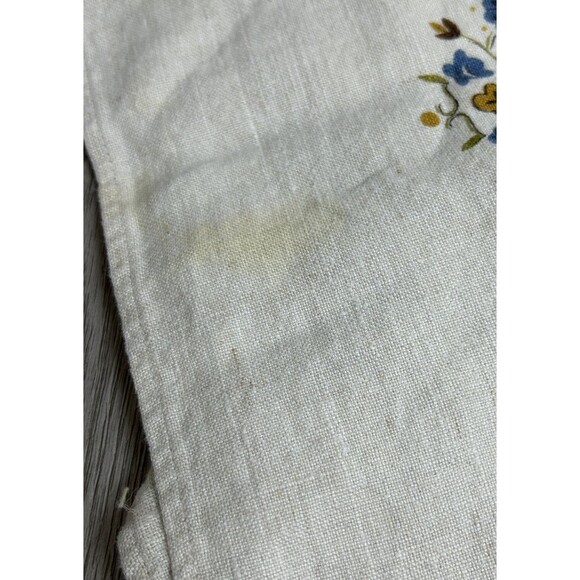 Vintage 47” Square Linen Tablecloth Blue Yellow Floral PA Dutch Style Stained - Picture 4 of 7